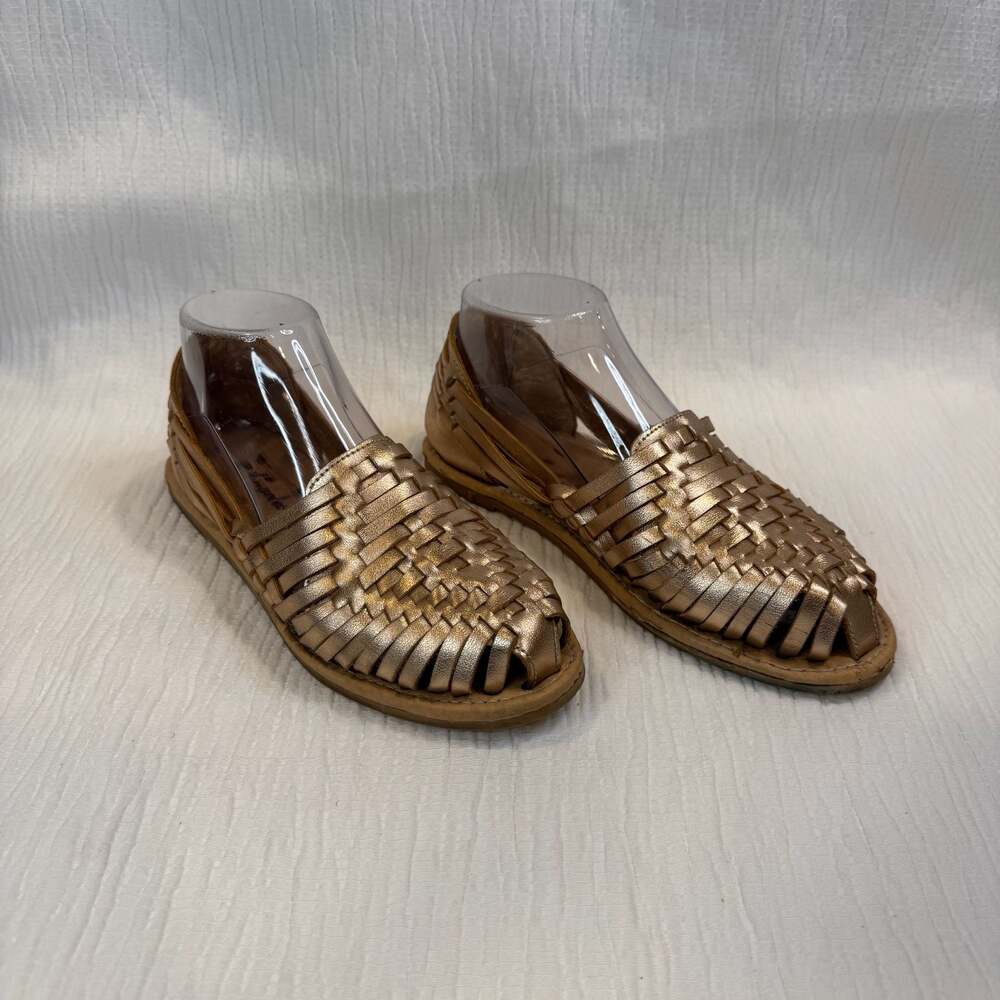 Artesanias Angeles Metallic Gold Leather Woven Mexican Huarache Sandals 7 - Picture 4 of 16